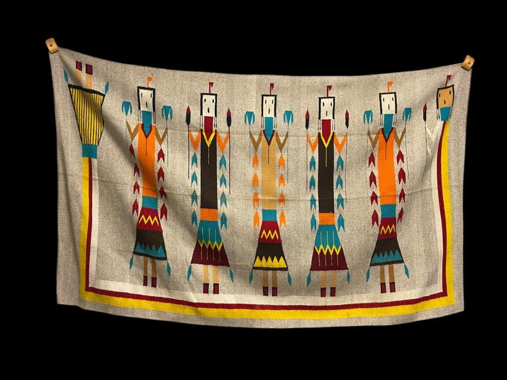IMPRESSIVE ORIGINAL ANTIQUE HANDWOVEN NAVAJO YEI RUG FEATURING SIX POLYCHROME FIGURES (1 of 9)