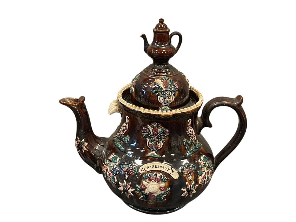 ANTIQUE VICTORIAN ENGLISH MEASHAM BARGEWARE POTTERY TEAPOT "A PRESENT FROM A FRIEND" (1 of 11)