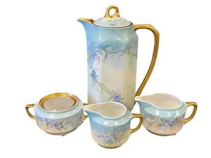 KPM ROYAL PORCELAIN FACTORY BERLIN, GERMANY ANTIQUE PORCELAIN CHOCOLATE POT SET: &nbsp;BLUE AND WHITE WITH FLORAL DESIGN AND GILT ACCENTS, INCLUDES TWO PITCHERS IN TWO DIFFERENT SIZES PLUS SUGAR BOWL, MISSING LID, EACH IS MARKED AND SIGNED BY ARTIST, EACH HAS INCISED MARKS ASWELL,