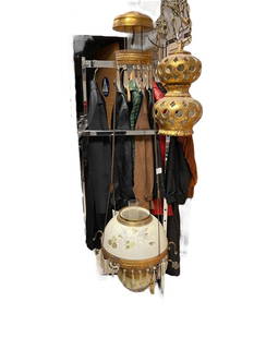 VICTORIAN PERIOD OIL CONERTED TO ELCTRIC HANGING LAMP WITH PRISMS: HANGING CONVERTED OIL LAMP WITH FROSTED GLASS SHADE AND FONT, WITH HANGING PRISMS AND CLEAR GLASS CHIMNEY 57" H