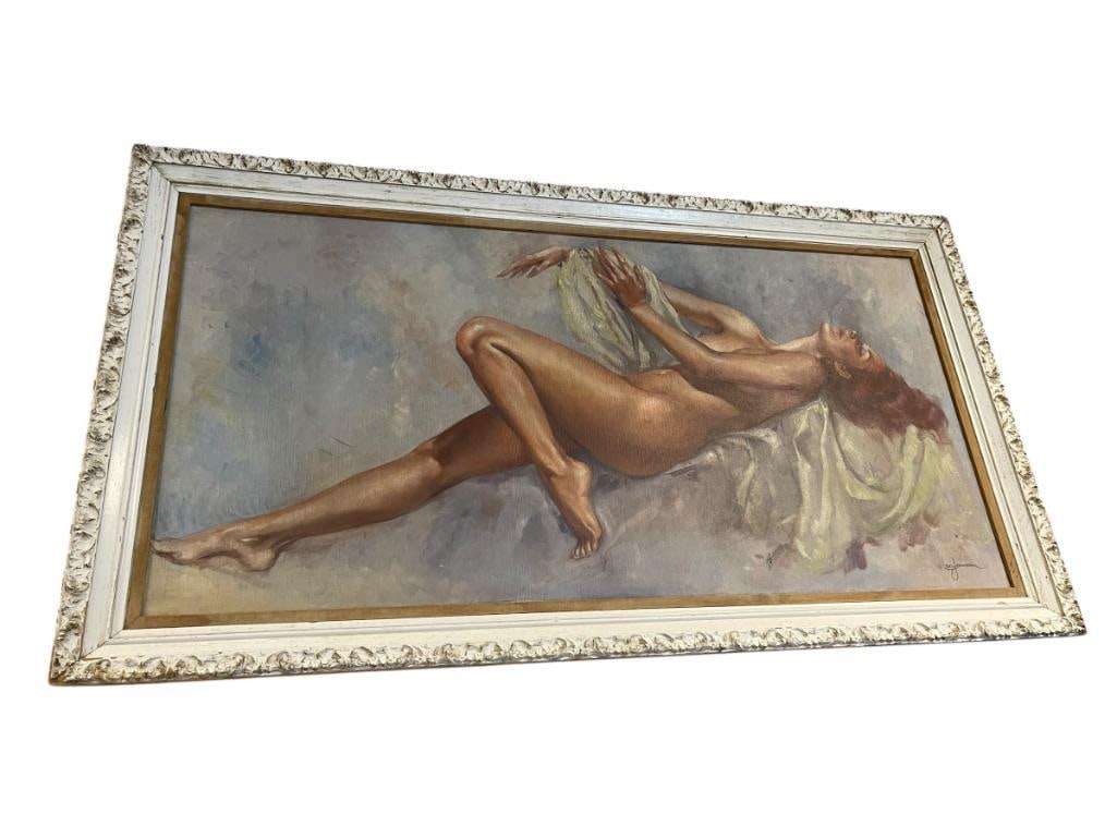 LEO JANSEN ORIGINAL OIL ON CANVAS PAINTING FEATURING PROVOCATIVE FULL BODY IMAGE OF NUDE WOMAN: ELEGANT DESIGN, SIGNED BY ARTIST IN LOWER RIGHT, CIRCA 1970'S, LEO JANSEN DUTCH ARTIST (1930-1980), IN CARVED WOOD FRAME, SMALL TEAR IN CANVAS, SEE PHOTO 54" X 30" FRAME