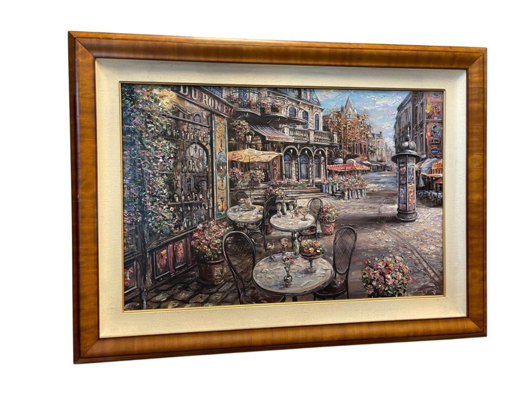 VADIK SULJAKOV RUSSIAN ARTIST IMPRESSIONISTIC STYLE ARTIST PROOF TITLED "RUE LE POTIER" FRENCH SC...: LIMITED EDITION HAND EMBELLISHED ART ON CANVAS NO. 74/195, SIGNED ON LOWER LEFT, ALSO SIGNED ON REVERSE, ART DEPICTS FRENCH STREET SCENE WITH STORE FRONTS AND BUILDINGS, FRAMED 44 3/4" X 33 7/8"