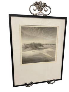 RICHARD CALVO BLACK AND WHITE BEACH LANDSCAPE PHOTO-PRINT TITLED SAND AND SNOW: RICHARD CALVO (1944-2019) NEW YORK CITY BORN AND RAISED PHOTOGRAPHER, PHOTOGRAPH DEPICTS BEACH LANDSCAPE TITLED SAND AND SNOW, FRAMED 23" X 29"