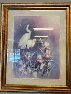 VINTAGE 1980'S ART DECO REVIVAL PASTEL COLORED PRINT OF EGRETS BY T.C. CHIU: CHINESE AMERICAN ARTIST, FRAMED AND MATTED 27" X 33"