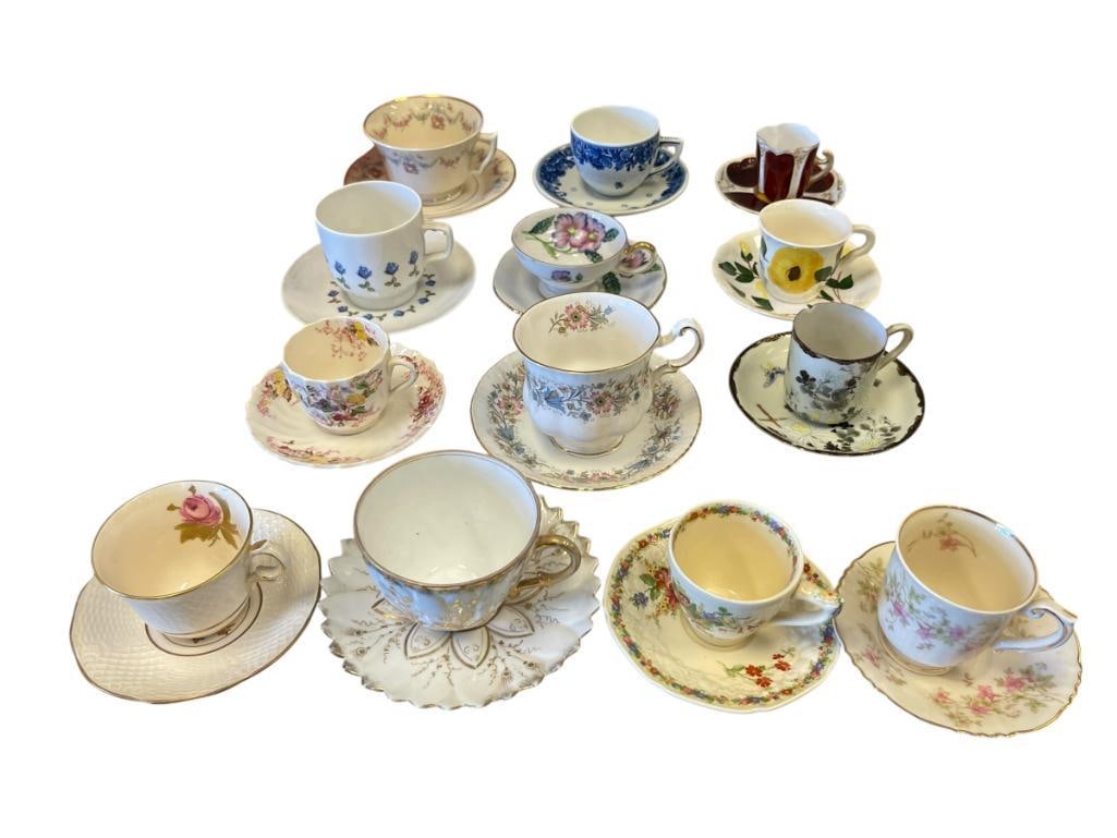 COLLECTION OF VINTAGE TEA CUPS, DEMIS AND SAUCERS FROM ENGLAND, JAPAN, HOLLAND: 13 SETS OF DEMIS AND CUPS WITH SAUCERS INCLUDES MAKERS LIKE PARAGON, SPODE, AMBASSADOR WARE, MOSA MAASTRICHT, AND MANY OTHERS, MANY HAVE FLORAL DESIGN WITH GILT ACCENTS, ONE DEMI HAS CHIP ON RIM