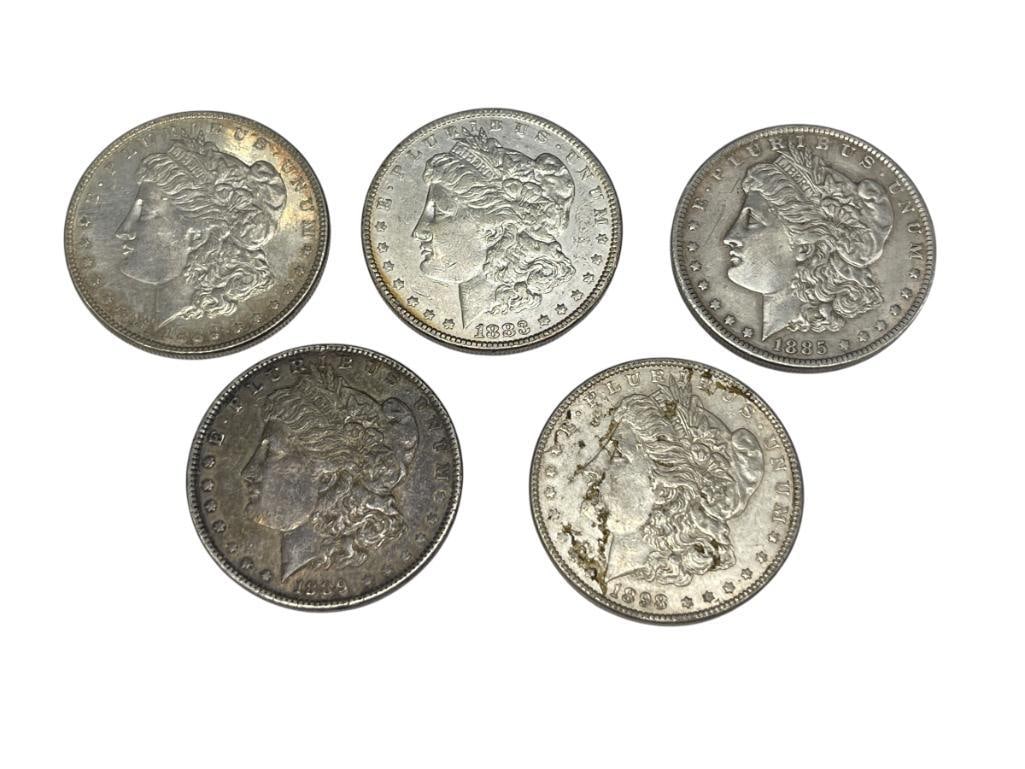 FIVE PRE-1921 U.S. MORGAN SILVER DOLLARS FEATURING VARIOUS DATES AND MINT MARKS (1 of 10)