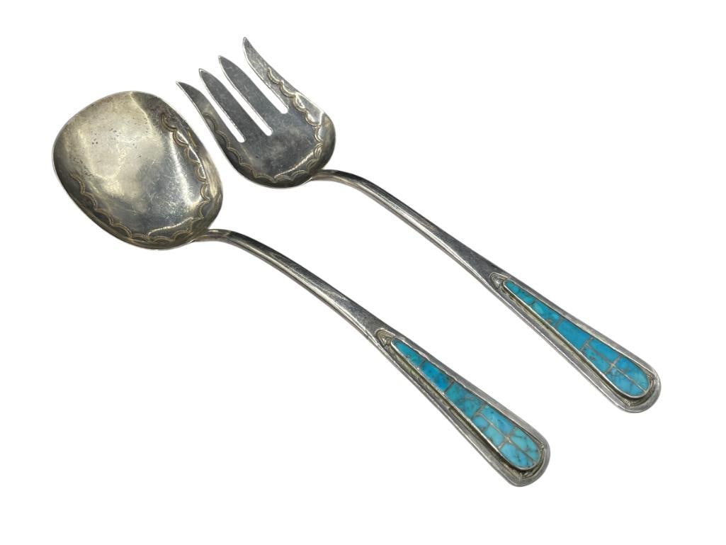 ANTIQUE NAVAJO STERLING SILVER TURQUOISE INLAY SPOON AND FORK SERVING SET (1 of 10)