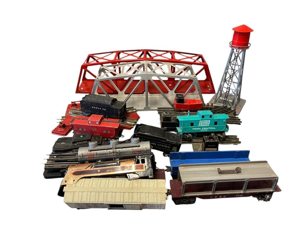 PRE WAR AND POST WARE AMERICAN FLYER AND MARX TRAIN CARS, TRESTLE BRIDGES, SWITCHES 027 GAUGE (1 of 14)