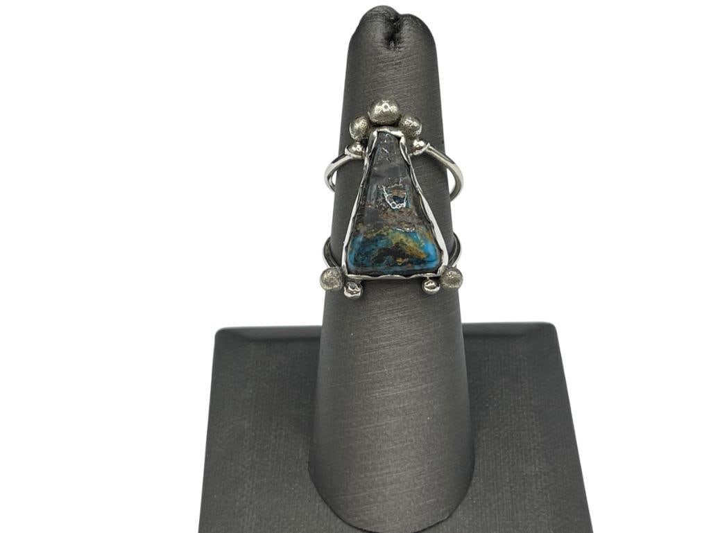 STERLING SILVER TRIANGLE CUT TURQUOISE RING: UNUSUAL DESIGN SIZE 6, 1" FRONT, 5.69 GRAMS