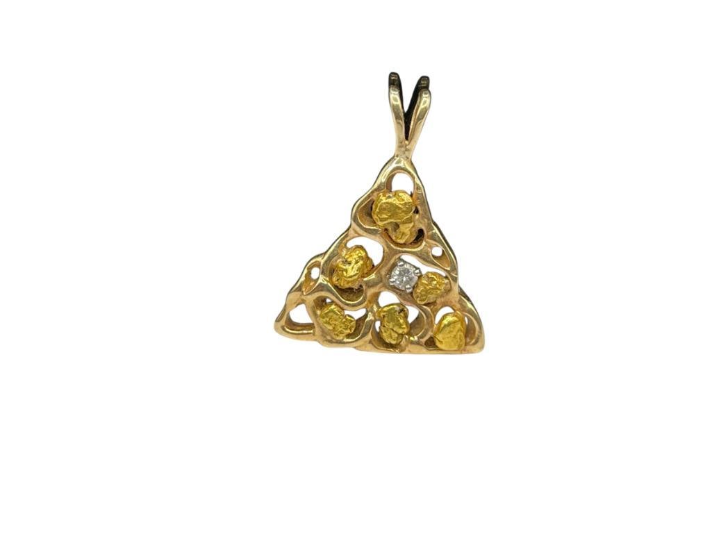 14K YELLOW GOLD NATURAL GOLD NUGGET AND DIAMOND TRIANGULAR PENDANT (1 of 5)