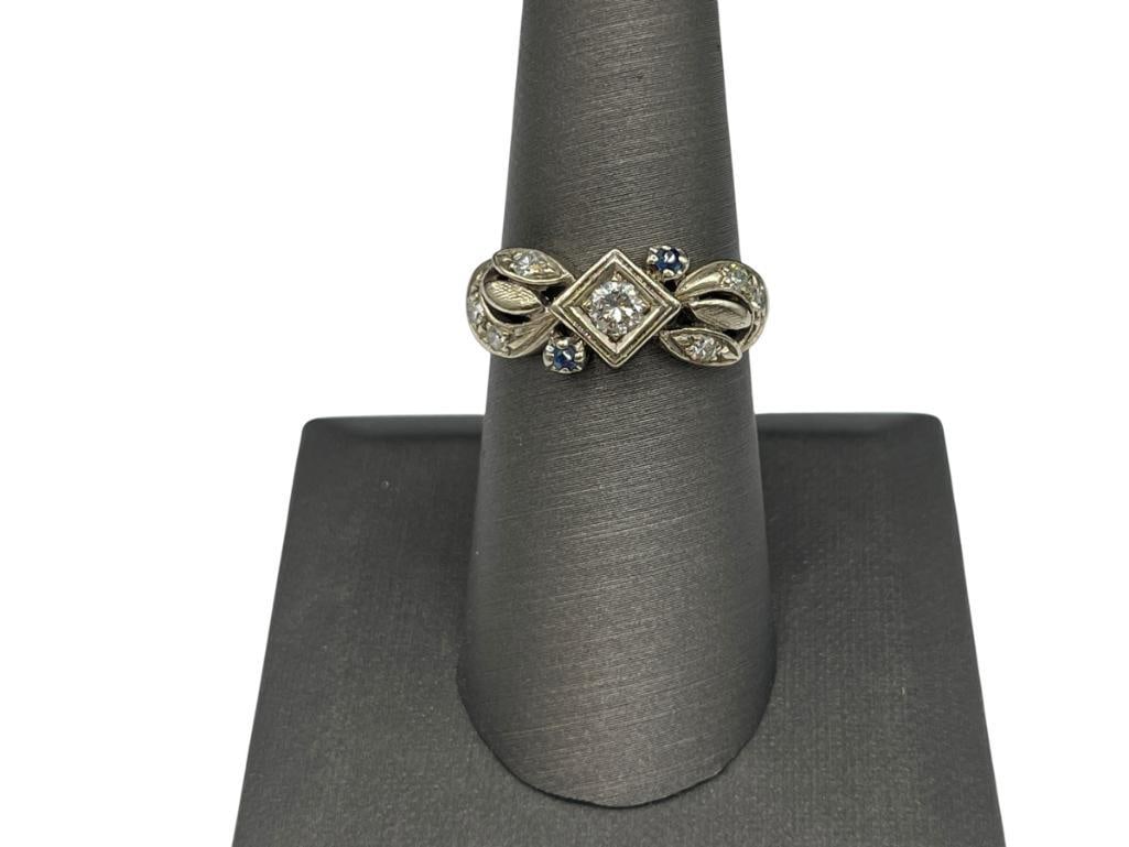 VINTAGE 14K WHITE GOLD DIAMOND AND BLUE SAPPHIRE FASHION RING (1 of 6)