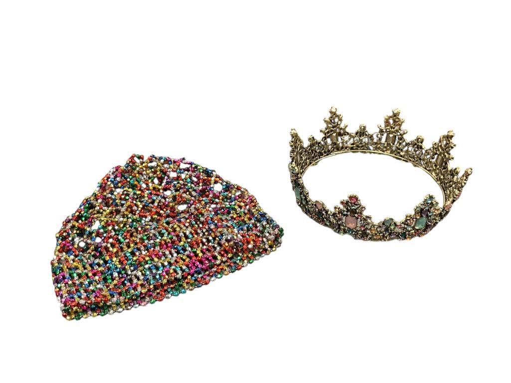 WOMENS FASHION COLORFUL ACCESORIES BEJEWELED TIARA AND BEADED MESH CAP: WOMENS FASHION COLORFUL ACCESSORIES BEJEWELED TIARA AND BEADED MESH CAP 7" CROWN