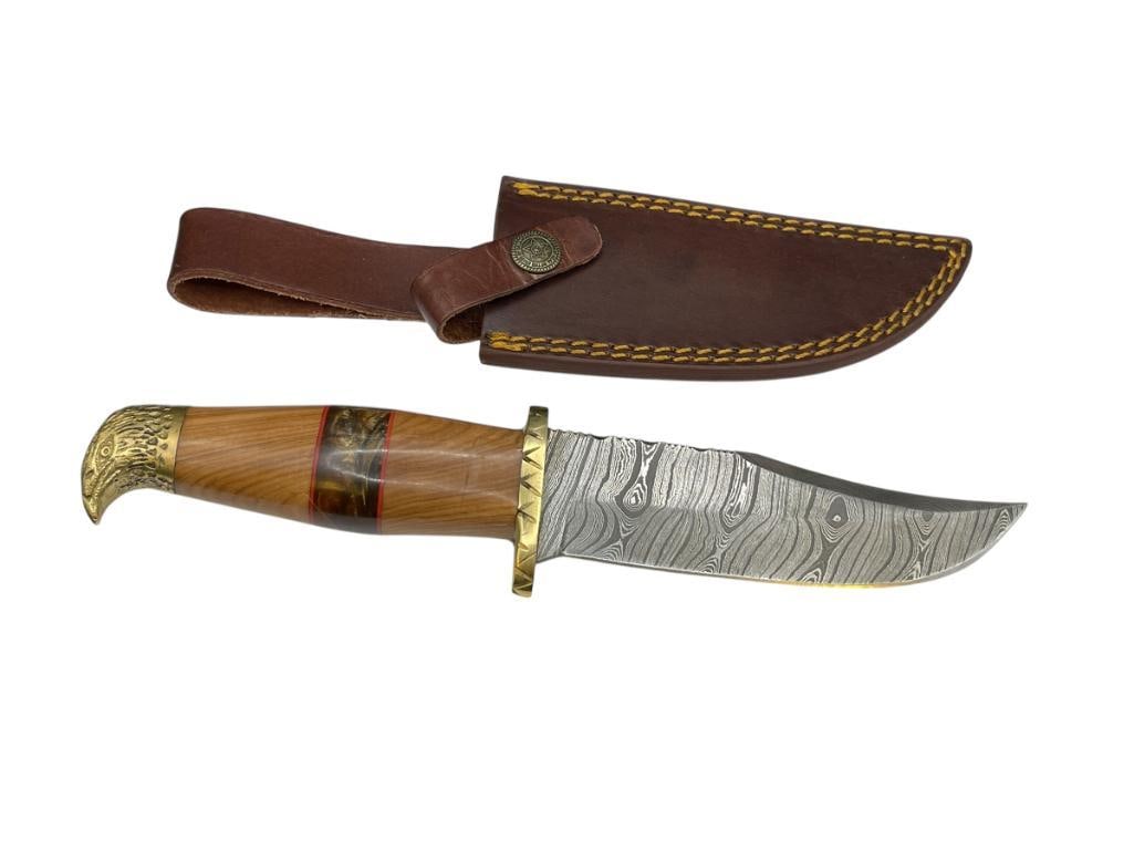 DAMASCUS STEEL FIXED BLADE FEATURING WOOD HANDLE WITH FIGURAL BRASS EAGLE: CLIP-POINT BLADE, INCLUDES LEATHER SHEATH 5 1/4" BLADE, 10" TOTAL LENGTH
