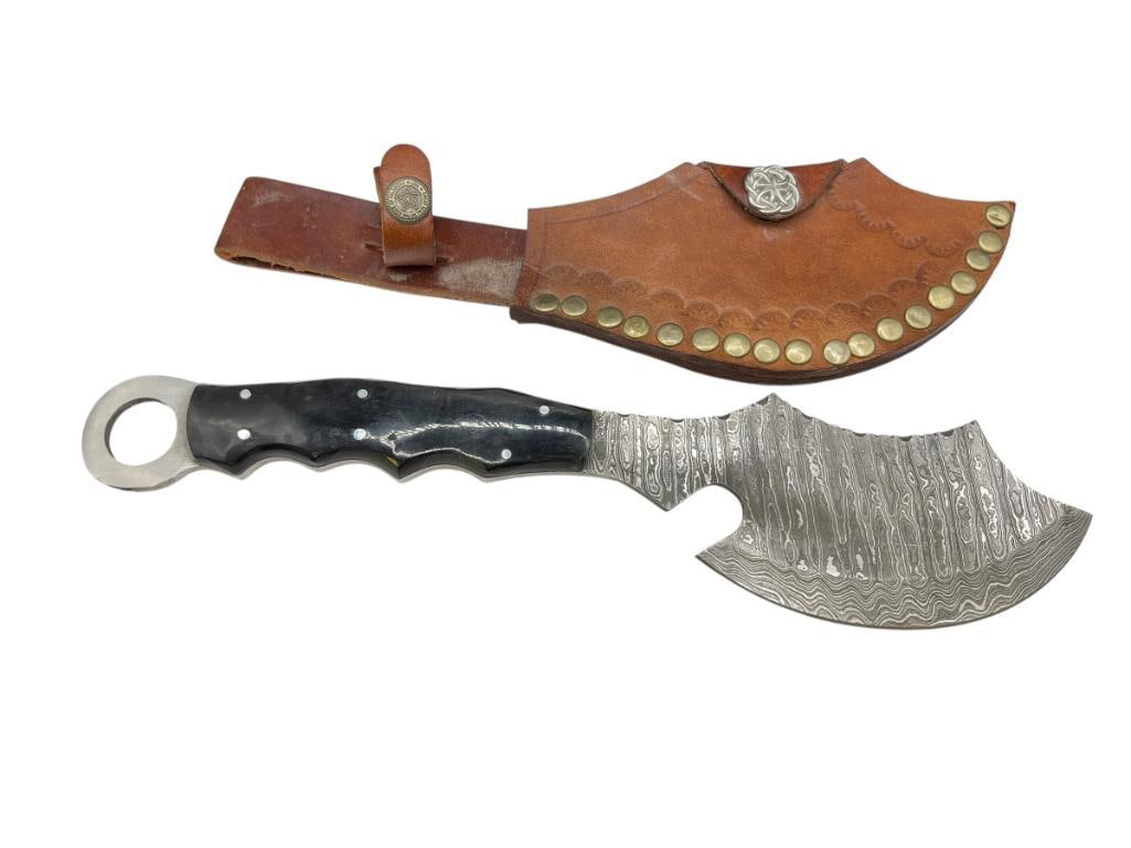 DAMASCUS STEEL FIXED BLADE FULL TANG HATCHET: FEATURING FINGER LOOP AND LEATHER SHEATH 4 3/4" BLADE, 12 1/4" TOTAL LENGTH