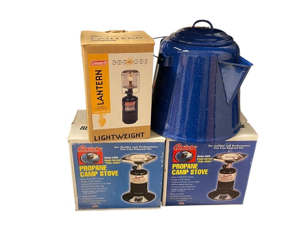 CAMPING GEAR INCLUDES ENAMELED COFFEE KETTLE, CENTURY PROPANE STOVE, AND COLEMAN LIGHTWEIGHT LANT...: CAMPING GEAR INCLUDES ENAMELED COFFEE KETTLE, TWO CENTURY PROPANE STOVES IN ORIGINAL BOXES, AND COLEMAN LIGHTWEIGHT LANTERN IN ORIGINAL BOX