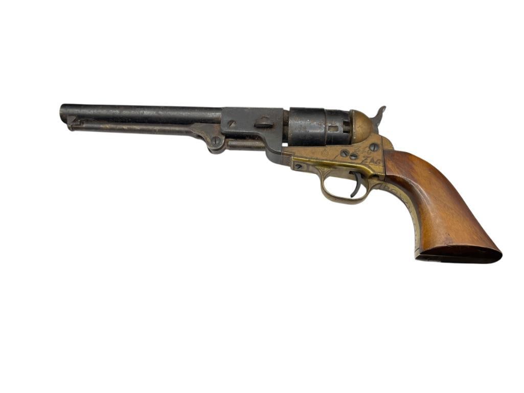 NAVY ARMS REPLICA COLT MODEL 1862 REPUBLIC CONFEDERRATE ARMY CIVIL WAR .44 CAL BLACK POWDER PISTOL: WOOD HANDLES, SERIAL # 49239, BRASS ACCENTS ON HANDLE WITH MARJIUANA THEMED ENGRAVINGS, SLIGHTLY RUSTED PATINA, DRY FIRES AND CYLINDER FUNCTIONS AS WELL 7 1/4" BARREL