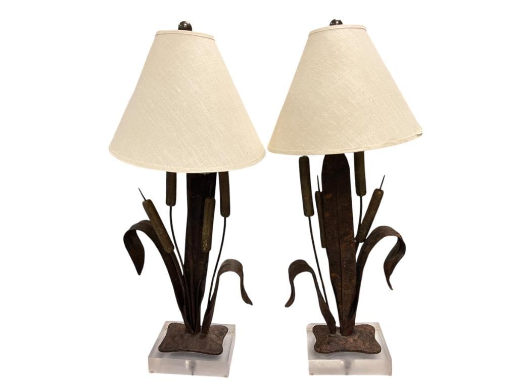 PAIR OF VINTAGE CHAPMAN STEEL AND BRASS CATTAIL LAMPS WITH LUCITE BASES: TESTED + 35" H