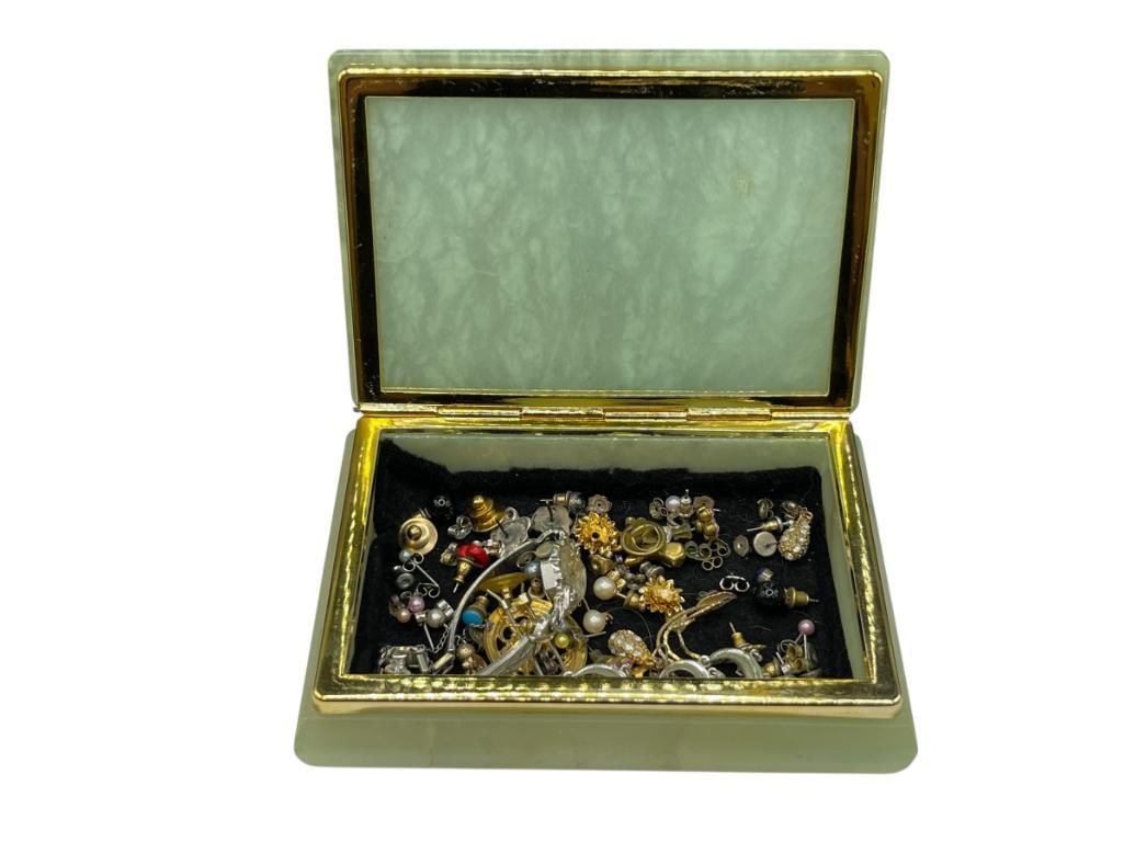 GENUINE GREEN ALABASTER JEWELRY DRESSER BOX FILLED WITH JEWELRY: FEATURING MOSTLY EARRINGS AND EARRING BACKS, VINTAGE BULOVA LADIES WRISTWATCH, SOME STERLING PIECES 5 1/2" X 3 3/4" X 1 1/2" BOX