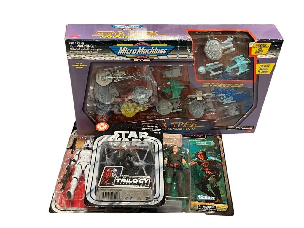 STAR WARS ACTION FIGURES AND STAR TREK MINIATURE LIMITED EDITION AIR CRAFT SET BY MICRO MACHINES: STAR WARS ACTION FIGURES KENNER 2017 STORM TROOPER, 2020 CARA DUNE, AND 2004 HASBRO THE FIGHTER PILOT PLUS MICRO MACHINES 1995 PARAMOUNT STAR TREK AIR CRAFT MINIATURE SET II SIGNED O BOX BY FABIIAN SA