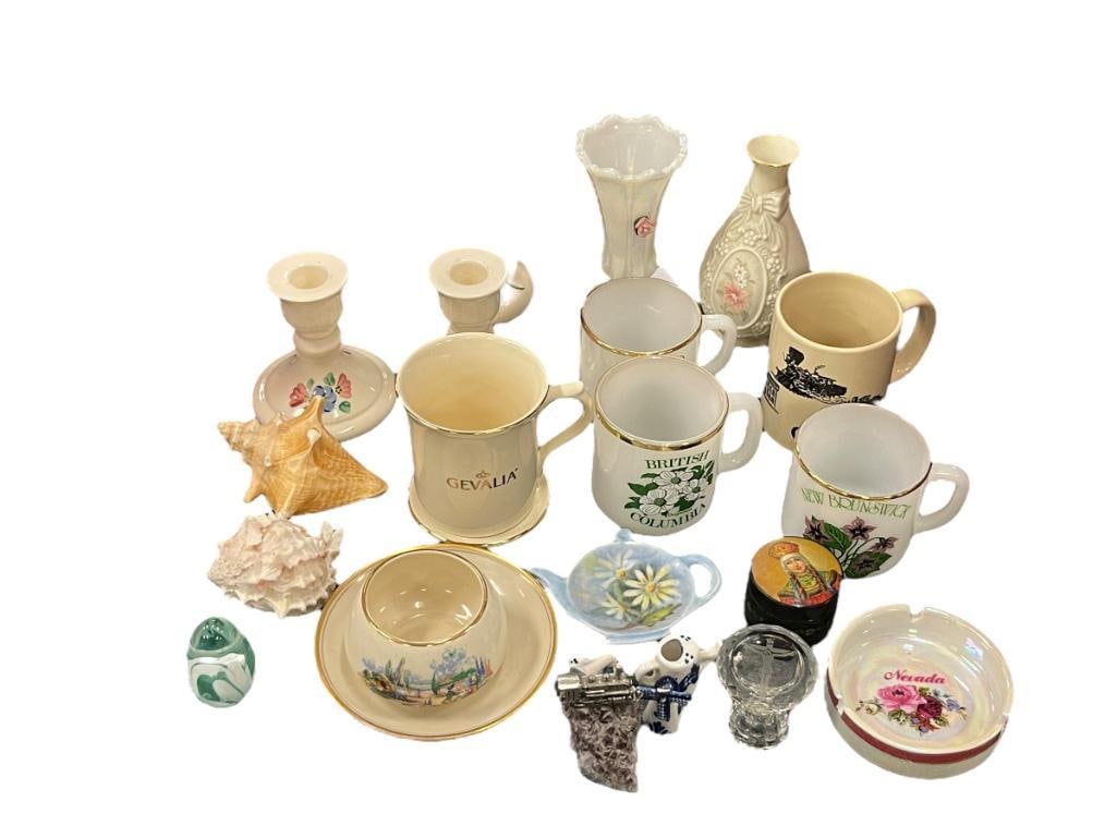 ASSORTED COLLECTIBLES INCLUDING MILK GLASS, EGG PAPERWEIGHT, LENOX CHINA, AMETHYST GEODE: COLLECTIBLES INCLUDE AMETHYST GEODE, LENOX TIFFANY & CO CUP AND SAUCER, EGG PAPERWEIGHT, RUSSIAN PILL BOX, PAIR OF CANDLE STICKS, ETC 2 1/2" PAPERWEIGHT, 4 1/2" CANDLE STICKS, 