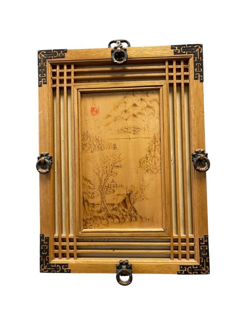VINTAGE CHINESE PYROGRAPHY WOODEN LANDSCAPE PANEL (1 of 9)
