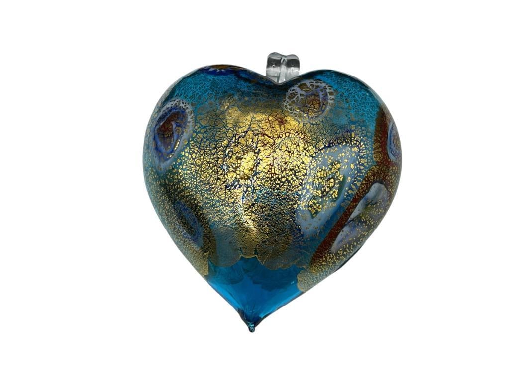 BLOWN ART GLASS VETRO ARTISTICO MURANO ITALIAN ART GLASS HEART ORNAMENT: FEATURING BLUE AND GOLD COLORS 3 1/2"