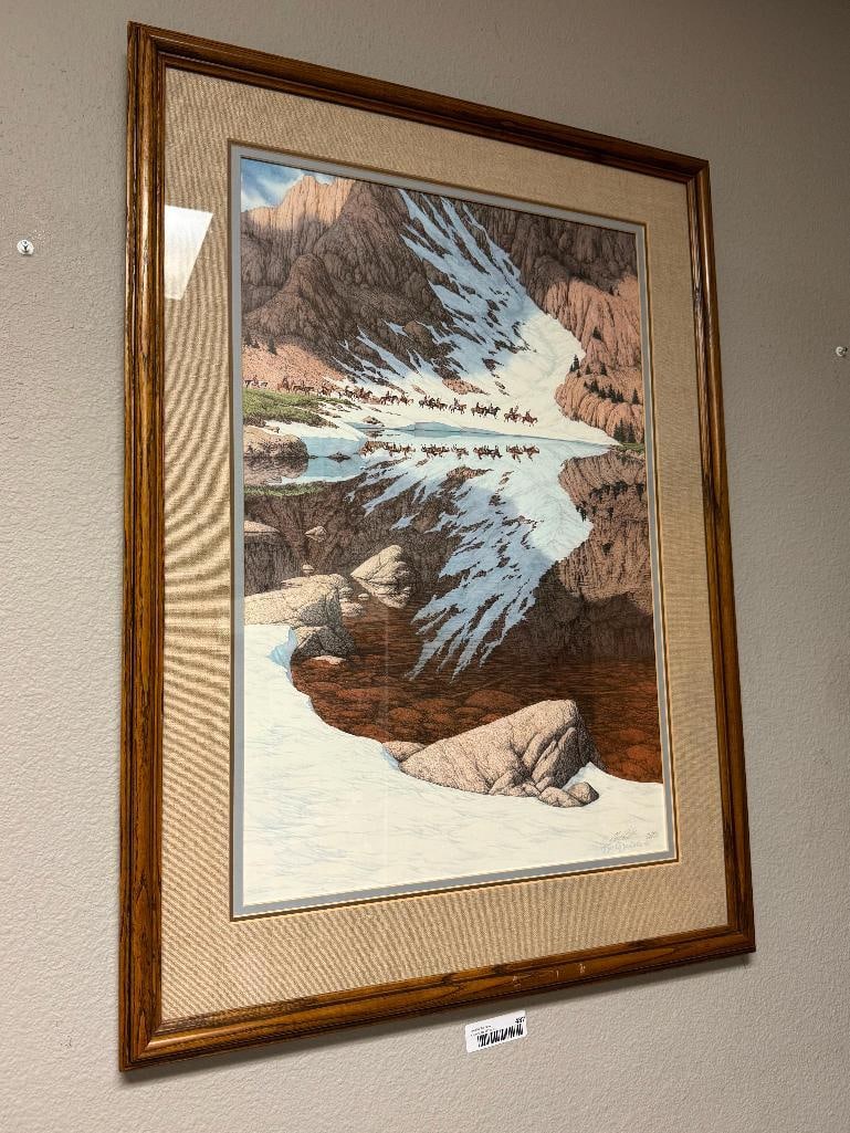 BEV DOOLITTLE SIGNED LIMITED EDITION PRINT "SEASON OF THE EAGLE" BY GREENWICH WORKSHOP: FRAMED AND MATTED, PENCIL SIGNED AND NUMBERED 12456/36548, GREAT BROWN AND BLUE COLORS, CLASSIC BEV DOOLITTLE, INCLUDES THE ORIGINAL PACKAGE FROM THE GREENWICH WORKSHOP IN CT. RENOWNED COMMISSIONER OF
