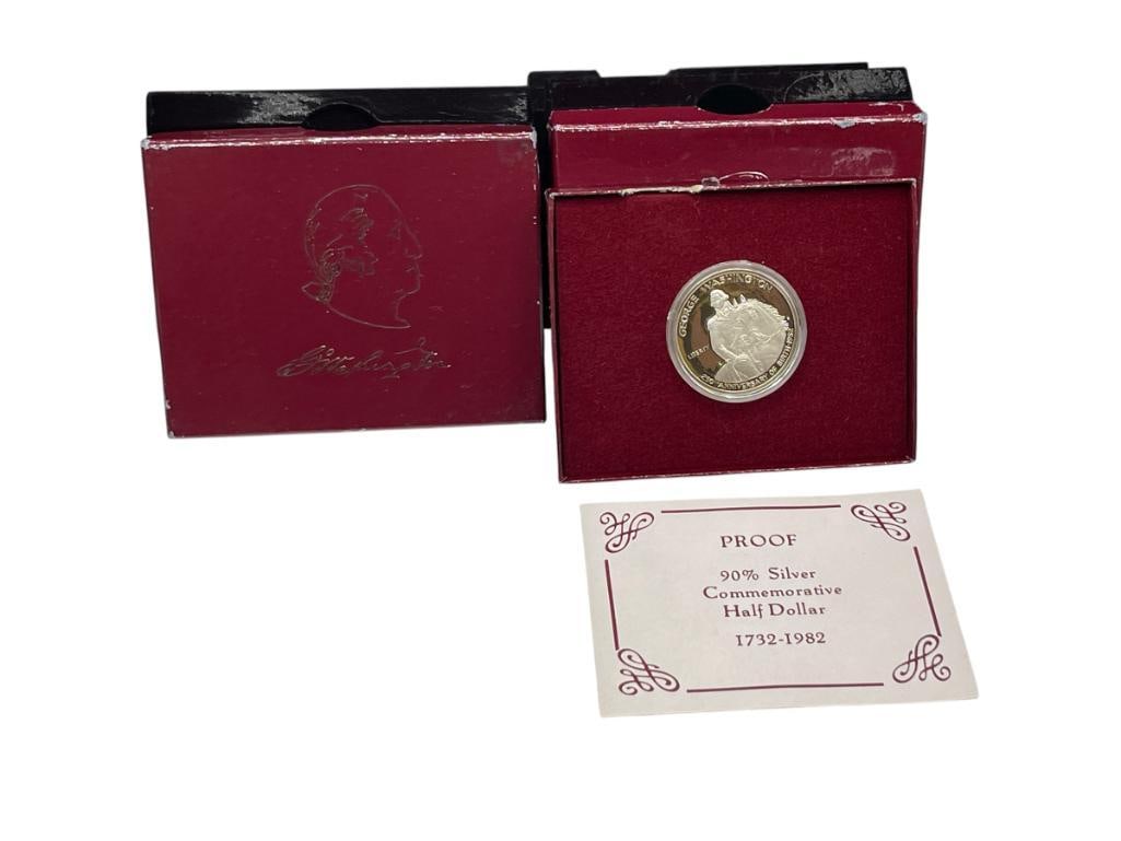 TWO 1982 U.S. MINT WASHINGTON 90% SILVER COMMEMROATIVE HALF DOLLARS (1 of 9)