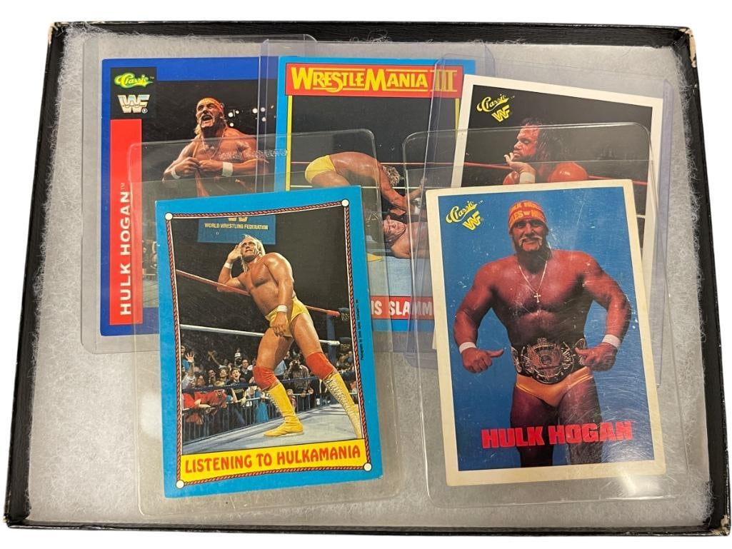 FIVE 1980'S ANND 1990'S HULK HOGAN WRESTLER SPORT CARDS: HULK HOGAN (1953-2025) AMERICAN PROFESSIONAL WRESTLER SPORT CARDS, ALL IN PROTECTIVE SLEEVES