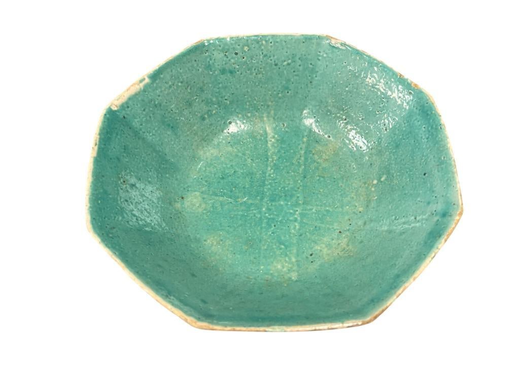 ANTIQUE EARLY 20TH CENTURY CHINESE EXPORT TURQUOISE GLAZE TONGZHI FOOTED PORCELAIN DISH: HEXAGONAL DISH WITH FLORAL AND FRUIT DESIGN, MARKED "CHINA" ON BOTTOM 6 3/4"