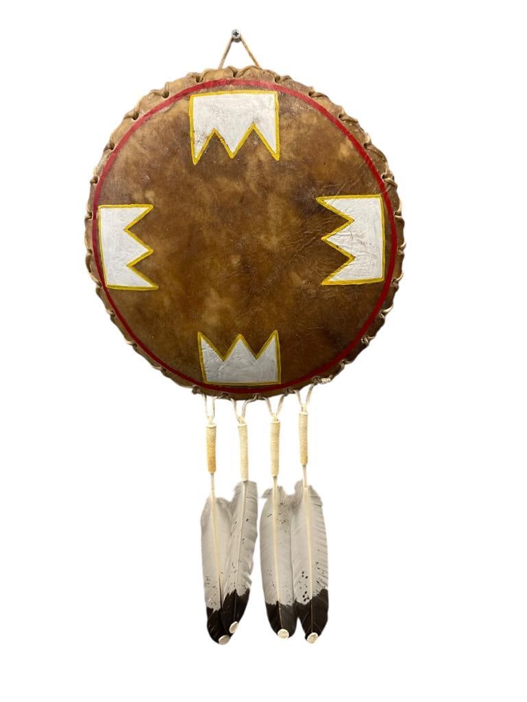 20TH CENTURY NATIVE AMERICAN GHOST DANCE SHIELD HAND PAINTED SHAPES WITH FEATHERS (1 of 11)