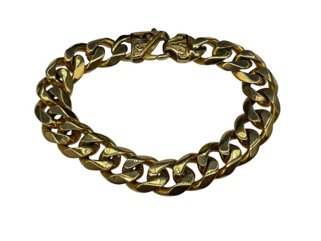 MEN'S GOLD TONE LINK BRACELET WITH ELABORATE HEAVY DUTY CLASP WITH FLEUR-DE-LIS DESIGN (1 of 7)