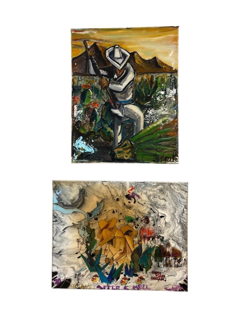 KENNY TWISSTED ARIZONA ARTIST ORIGINAL ACRYLIC IMPRESSIONIST PAINTINGS ON CANVAS AFTER ED MELL: KENNY TWISSTED ARIZONA ARTIST ACRYLIC PAINTINGS ON CANVAS, EACH ART DEPICTS SCENE OF FIELD WORKERS, ONE OS AFTER ARTIST ED MELL MODERNIST WESTERN ARTIST, EACH IS SIGNED LOWER RIGHT 20" X 16"