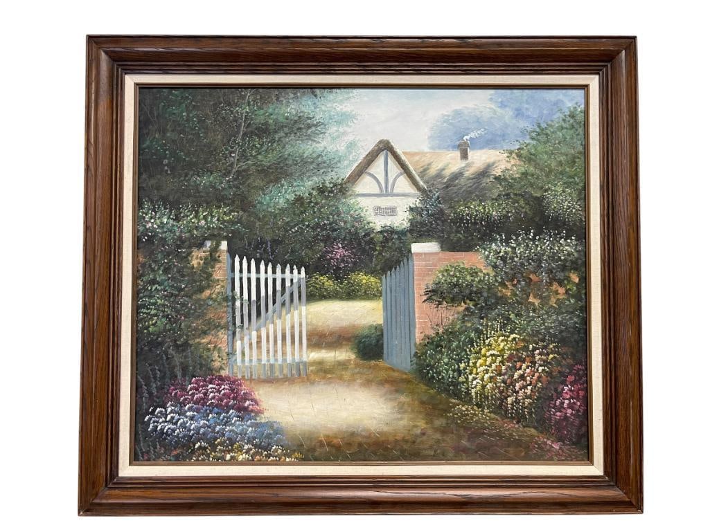 HELEN ORIGINAL ACRYLIC ON CANVAS DEPICTS COTTAGE SURROUNDED BY FLOWERS AND MATURE TREES, FRAMED: 28 3/4" X 24 3/4"