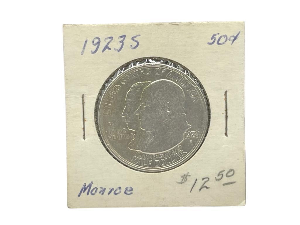 1923-S U.S. MONROE DOCTRINE SILVER HALF DOLLAR: MONROE ADAMS, 90% SILVER