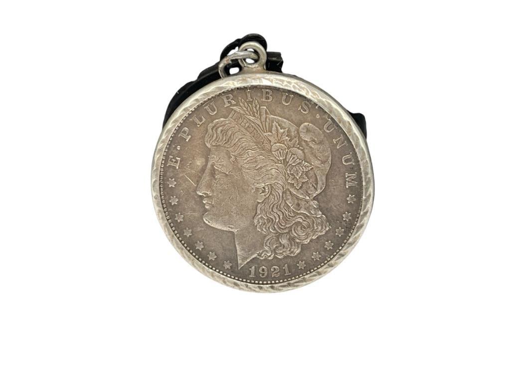 1921 U.S. MORGAN SILVER DOLLAR ENCASED IN STERLING PENDANT BEZEL "I LOVE YOU DAD" (1 of 6)
