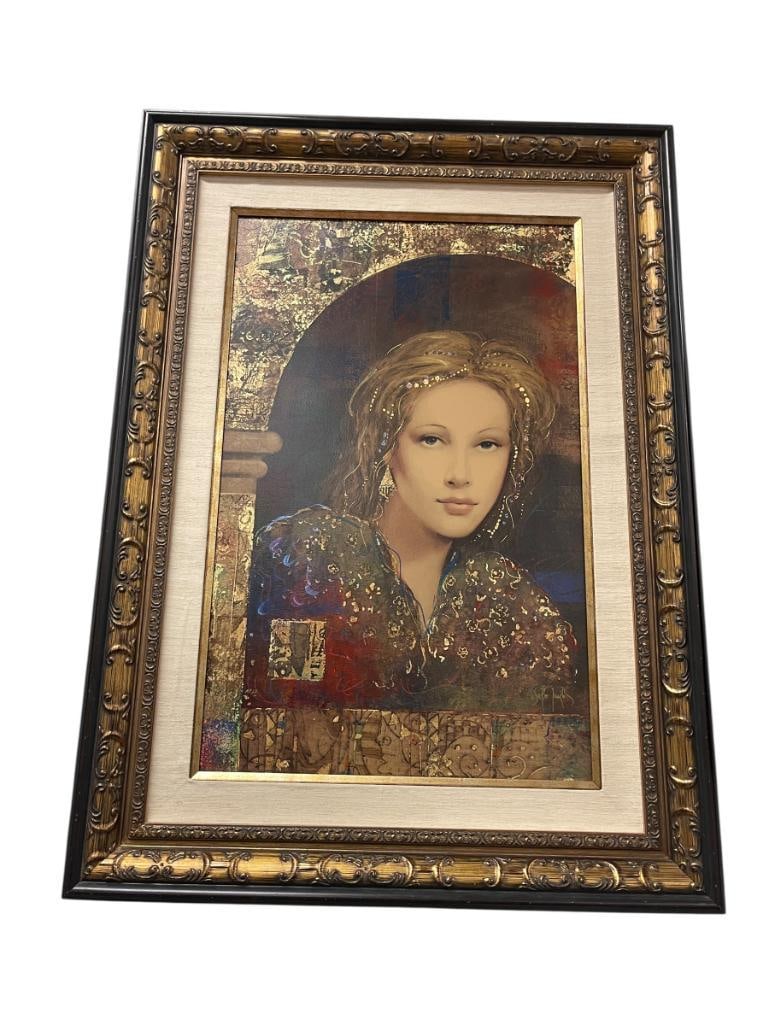 CSABA MARKUS HUNGARIA BORN ARTIST ARTIST PROOF ON CANVAS TITLED MODERN MONA LISA A.P. 20: CSBABA MARKUS CLASSICAL MYTHOLOGY CONTEMPORARY FLAIR ARTIST, ART DEPICTS PORTRAIT OF A WOMAN NEAR AN ARCH WAY, SIGNED LOWER RIGHT, FRAMED 27 1/2" X 37 1/2" 