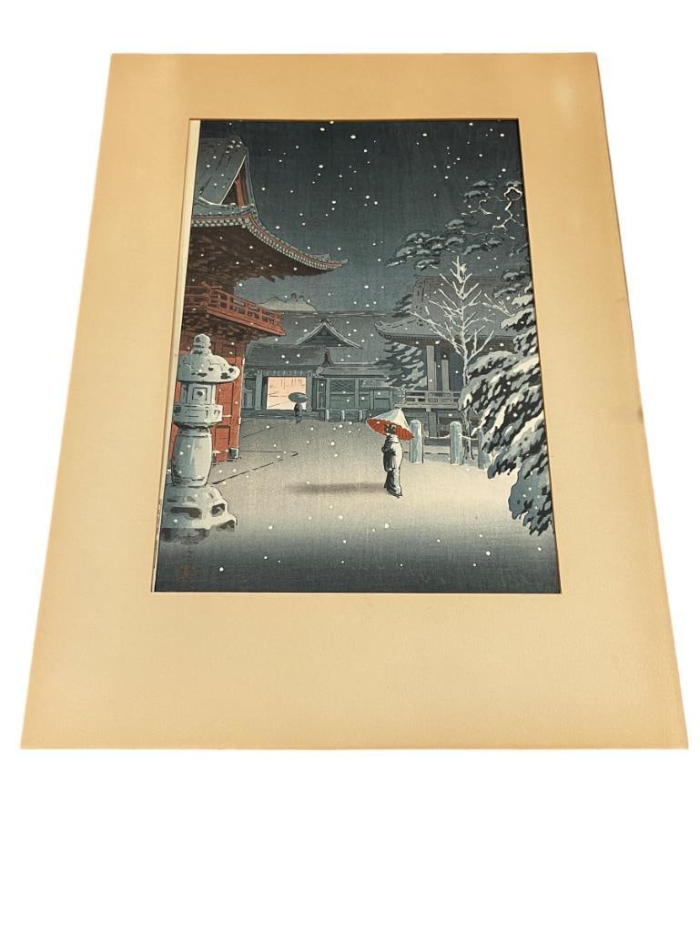 TSUCHIYA KOITSY JAPANESE WOODBLOCK TITLED SNOW AT NEZU SHRINE (1 of 9)