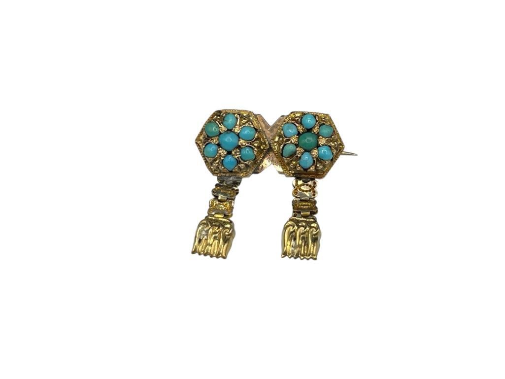ANTIQUE VICTORIAN GOLD FILLED PERSIAN TURQUOISE ETRUSCAN BROOCH: 1"