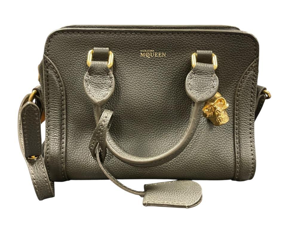 ALEXANDER MCQUEEN MINI SKULL PADLOCK PEBBLED LEATHER DESIGNER FASHION BAG: GOLD HARDWARE 8" X 4 3/4" X 6"