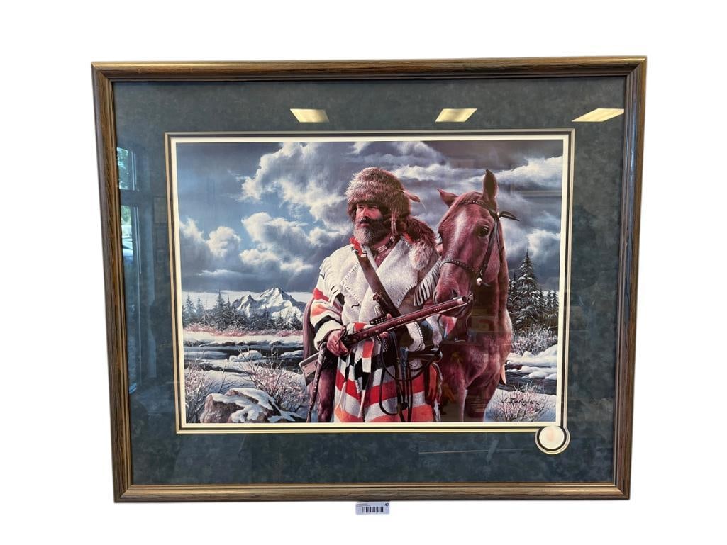 ALFREDO RODRIGUEZ LIMITED EDITION PRINT TITLED WINTER WITHOUT SPOIL WITH ARTIST THUMBPRINT: ALFREDO RODRIGUEZ (1954 - ) MEXICAN BORN ARTIST KNOWN FOR HIS PAINTINGS OF THE AMERICAN WEST, ART DEPICTS TRAPPER WITH HORSE WITH FOREST LANDSCAPE IN BACKGROUND WINTER SCENE, SIGNED LOWER RIGHT WITH T