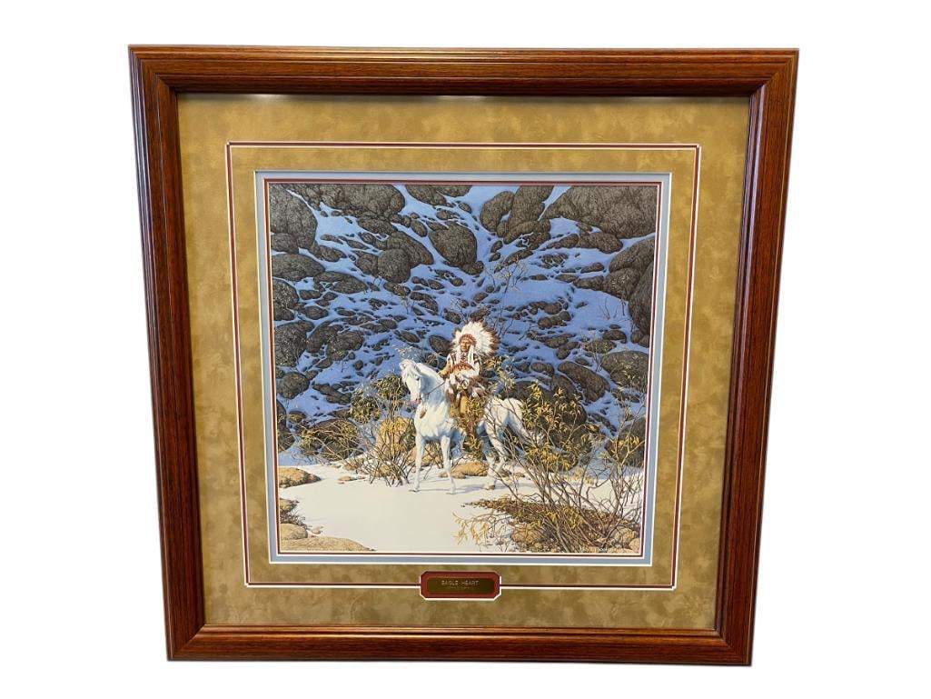BEV DOOLITTLE LIMITED EDITION PRINT TITLED EAGLE HEART NO. 33,410/48,000: BEV DOOLITTLE (1947 - ) CALIFORNIA BORN ARTIST OF AMERICAN WILDLIFE AND NATIVE AMERICAN LIFE, POPULAR ARTIST LIMITED EDITION PRINT OF A NATIVE AMERICAN CHIEF ON HORSEBACK, WINTER SCENE, SIGNED LOWER L