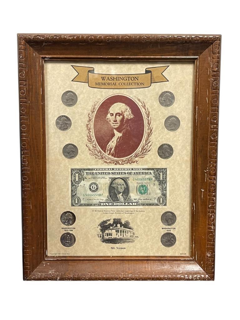 WASHINGTON MEMORIAL COLLECTION U.S. CURRENCY FRAMED SET FEATURING TWO 90% SILVER QUARTERS (1 of 7)