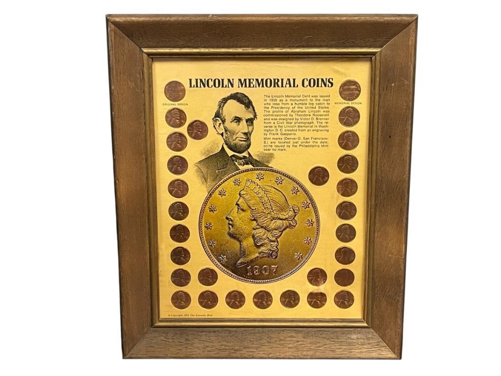 "LINCOLN MEMORIAL COINS" U.S. PENNY COLLECTION FEATURING BU PENNIES: WOOD FRAMED 10" X 12"