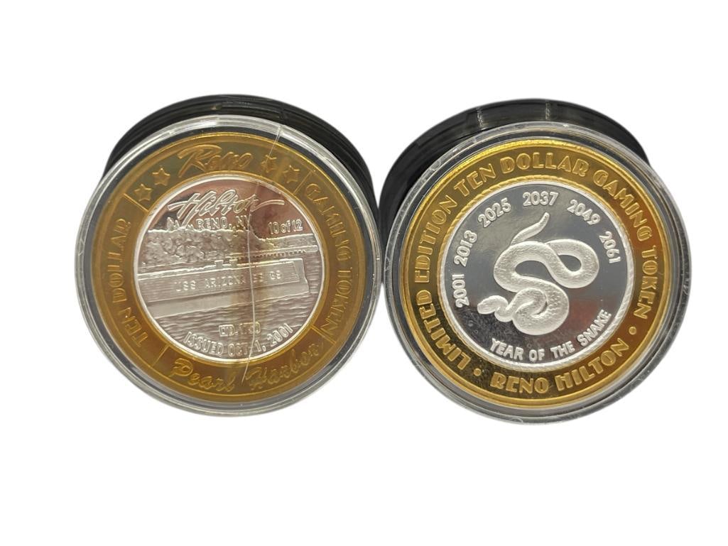 TWO 2001 RENO HILTON CASINO .999 FINE SILVER $10 GAMING TOKENS: FEATURING "YEAR OF THE SNAKE" AND "USS ARIZONA 10 OF 12 PEARL HARBOR" EDITIONS