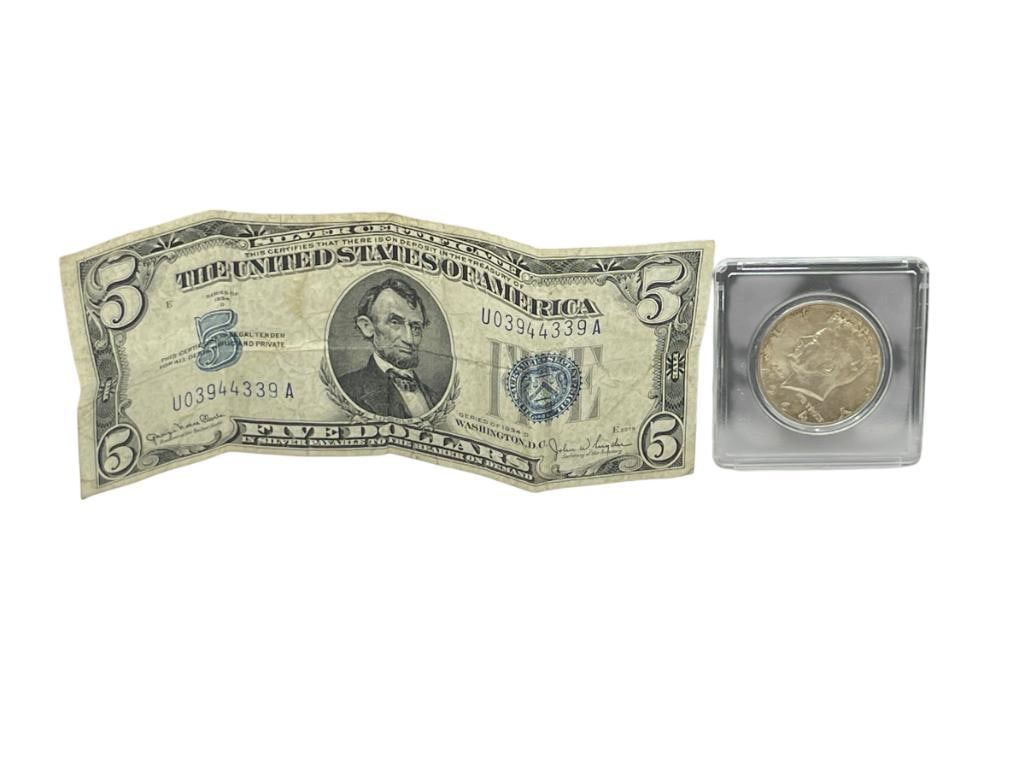 1934-D U.S. $5 SILVER CERTIFICATE AND 1964 KENNEDY SILVER HALF DOLLAR: 90% SILVER HALF DOLLAR