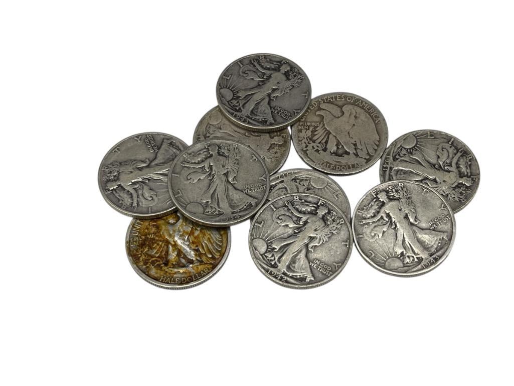 10 U.S. WALKING LIBERTY SILVER HALF DOLLARS FEATURING VARIOUS DATES AND MINT MARKS (1 of 7)