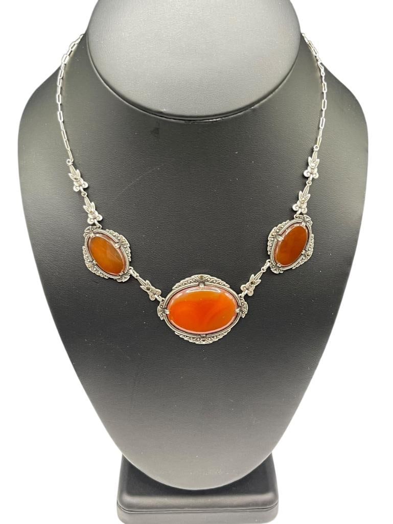 VINTAGE STERLING SILVER CARNELIAN AND MARCASITE NECKLACE: FEATURING THREE CABOCHON CARNELIANS 15", 1 1/2" CENTER PIECE, 17.67 GRAMS