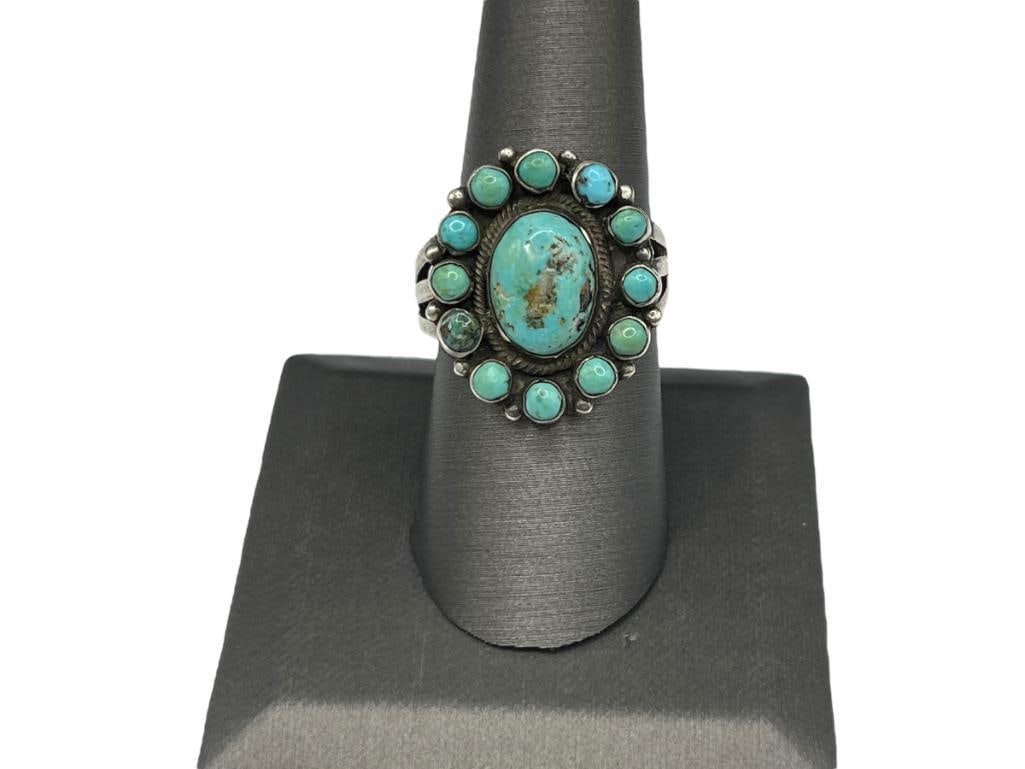 ANTIQUE OLD PAWN NAVAJO STERLING SILVER TURQUOISE CLUSTER RING (1 of 5)