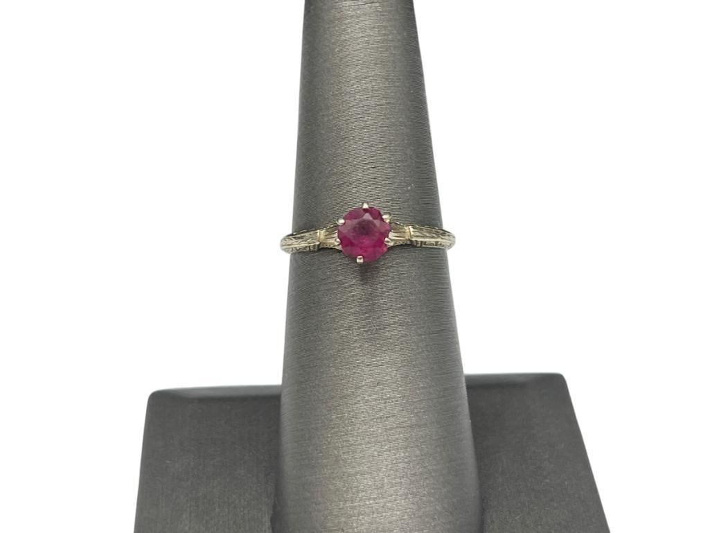 ANTIQUE 14K WHITE GOLD RING FEATURING SYNTHETIC RED STONE (1 of 6)